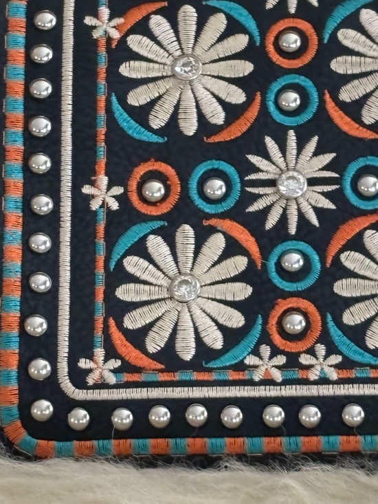 Embroidered Black Leather Foldover Wallet Clutch with Multicolor Accents - Picture 7 of 7